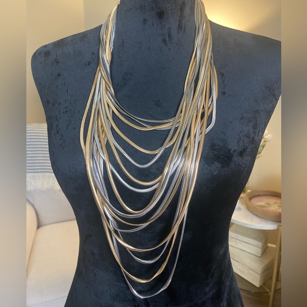 gorgeous Long Gold and Silver draping Necklace with matching earrings.
